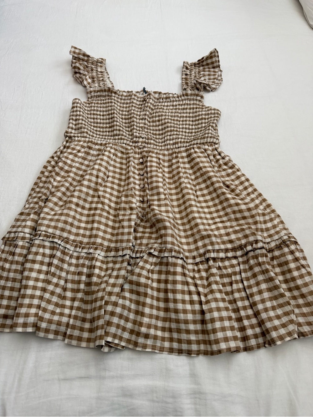 Anthropologie Brown and White Gingham Smocked Mini Dress